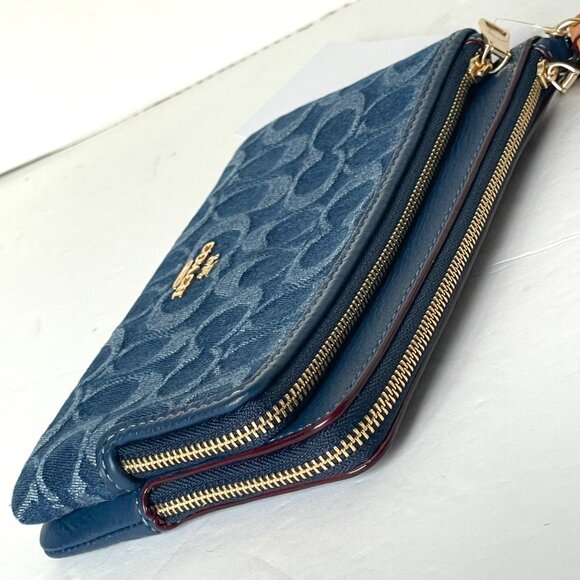 Coach Double Zip Phone Wallet Blue Signature Denim CZ321 Wristlet Leather Clutch - Picture 5 of 10